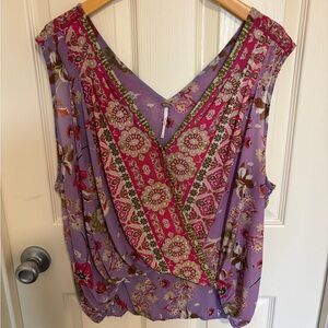 Free People Boho Sheer Floral Tunic Top V Neck Oversized Lavender Pink Print